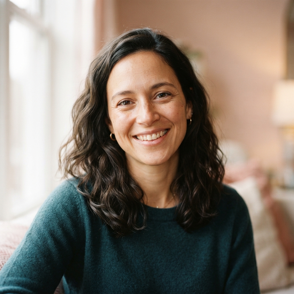 Smiling woman with wavy dark hair and a teal sweater, photographed indoors in warm natural light.