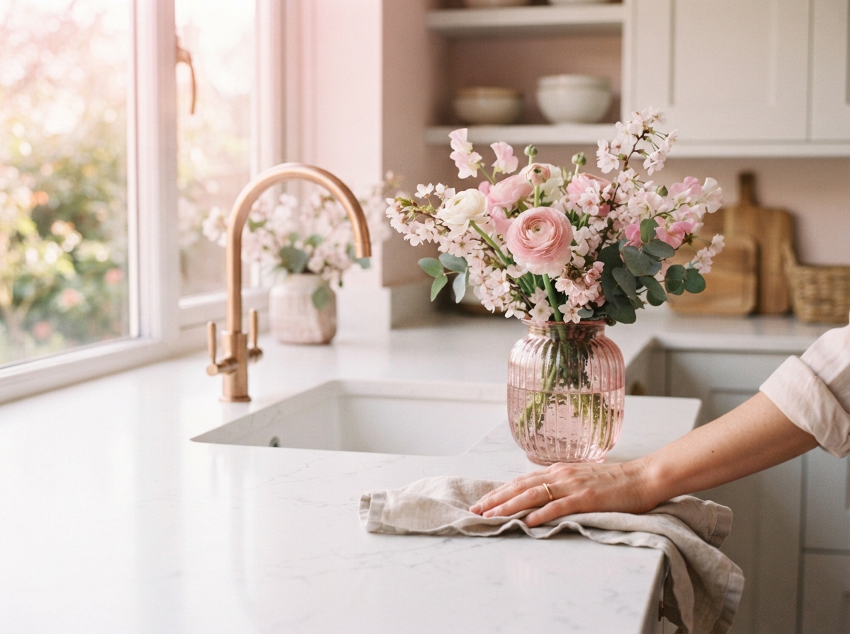 Person wipes a white kitchen island beside a pink vase of flowers and a gold faucet.