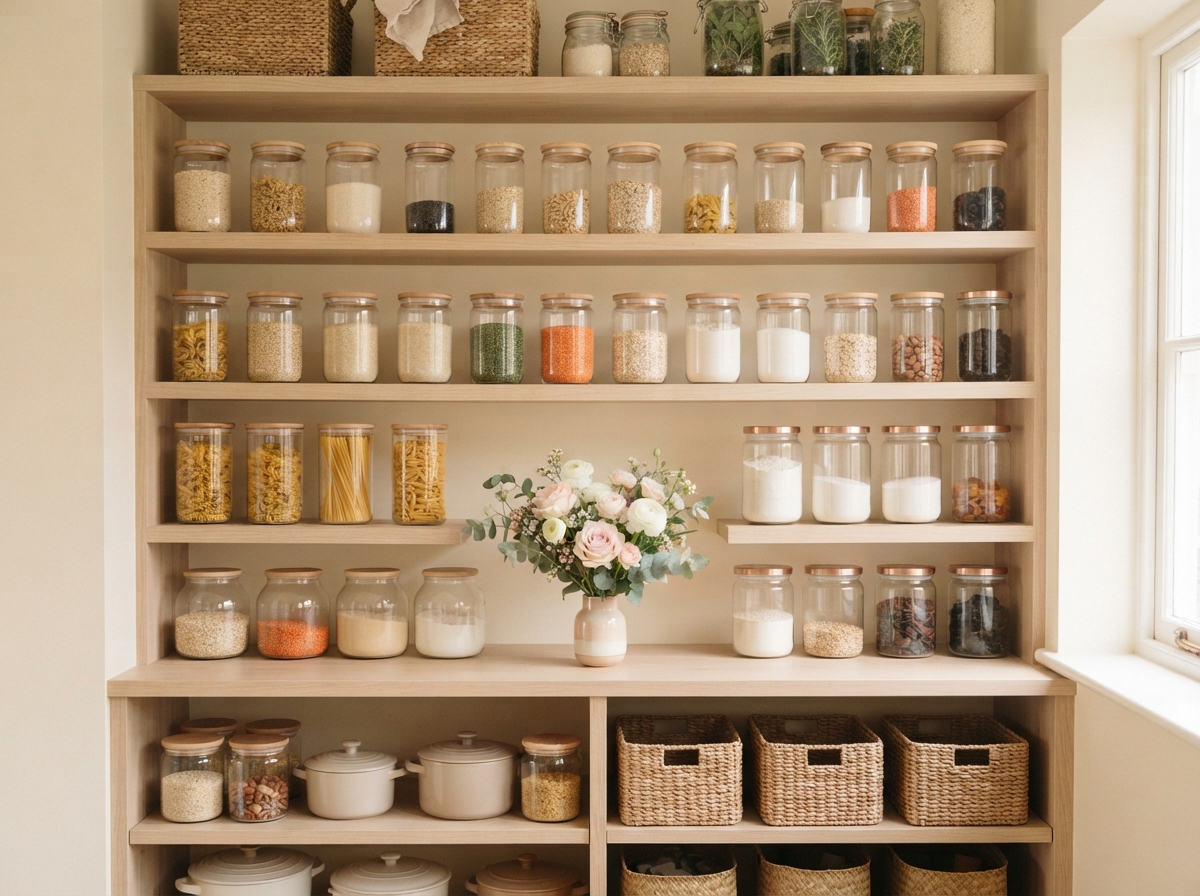 Organized wooden pantry shelves with glass jars, woven baskets, ceramic pots, and a flower vase.