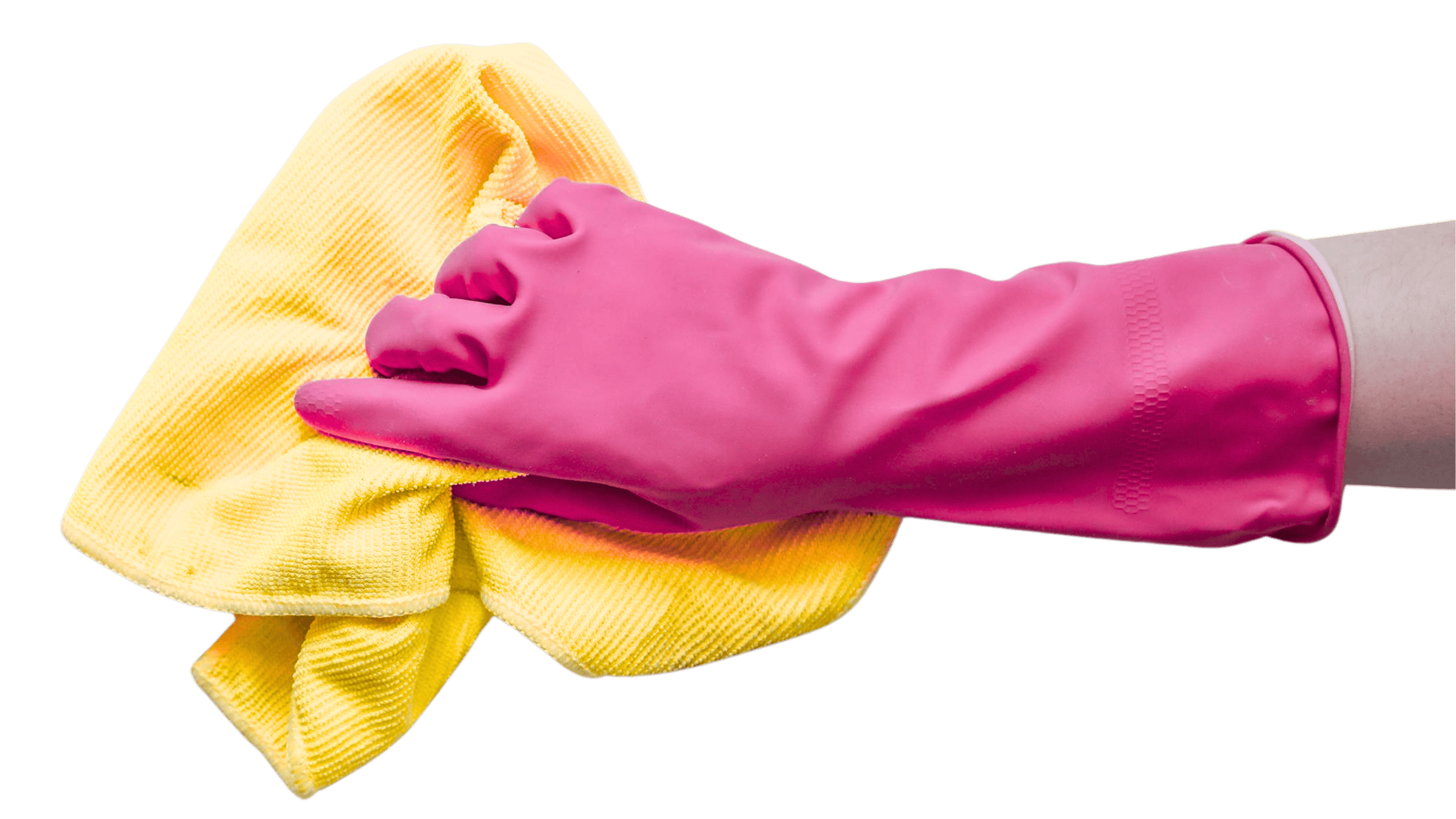 Pink rubber-gloved hand pressing down on a folded yellow textured cloth against a black background.