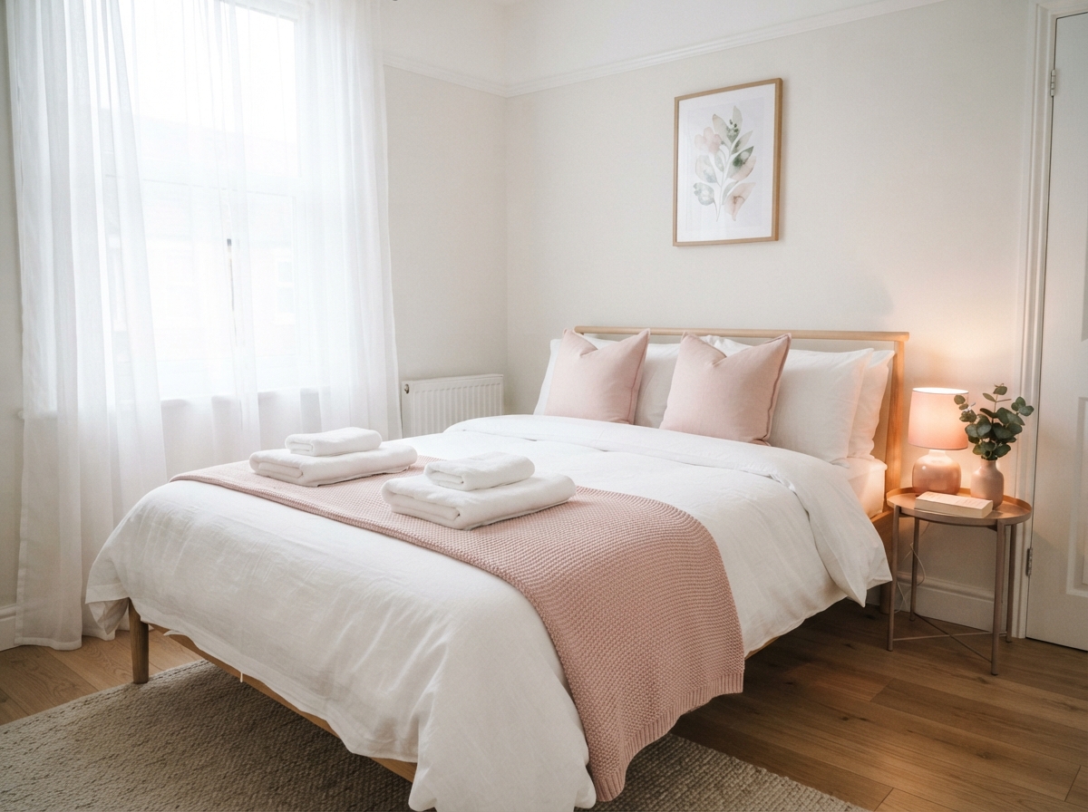 Bright bedroom with a white bed, pink runner and pillows, folded towels, botanical print, lamp, and plant.