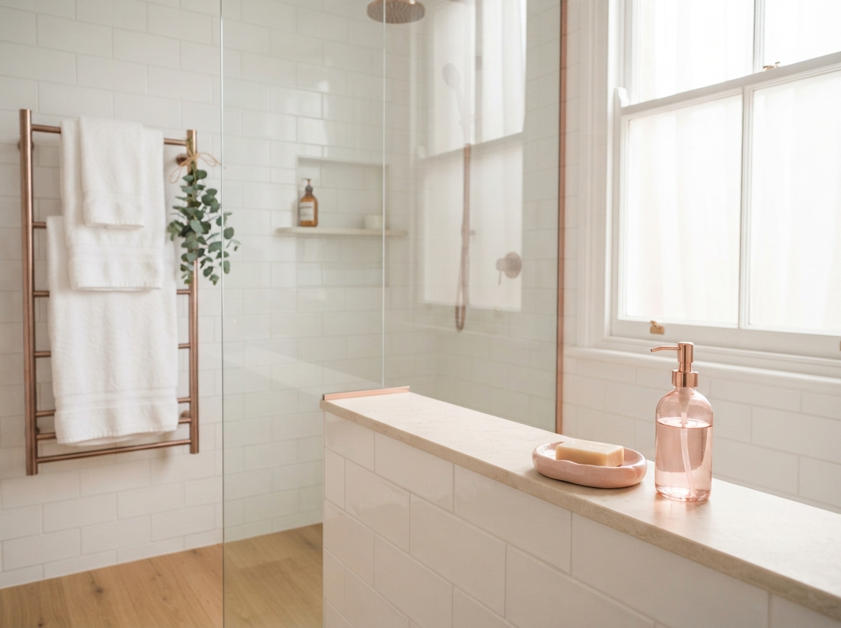 Bright white-tiled bathroom with towels, greenery, glass shower, window, soap dish, and pink dispenser.