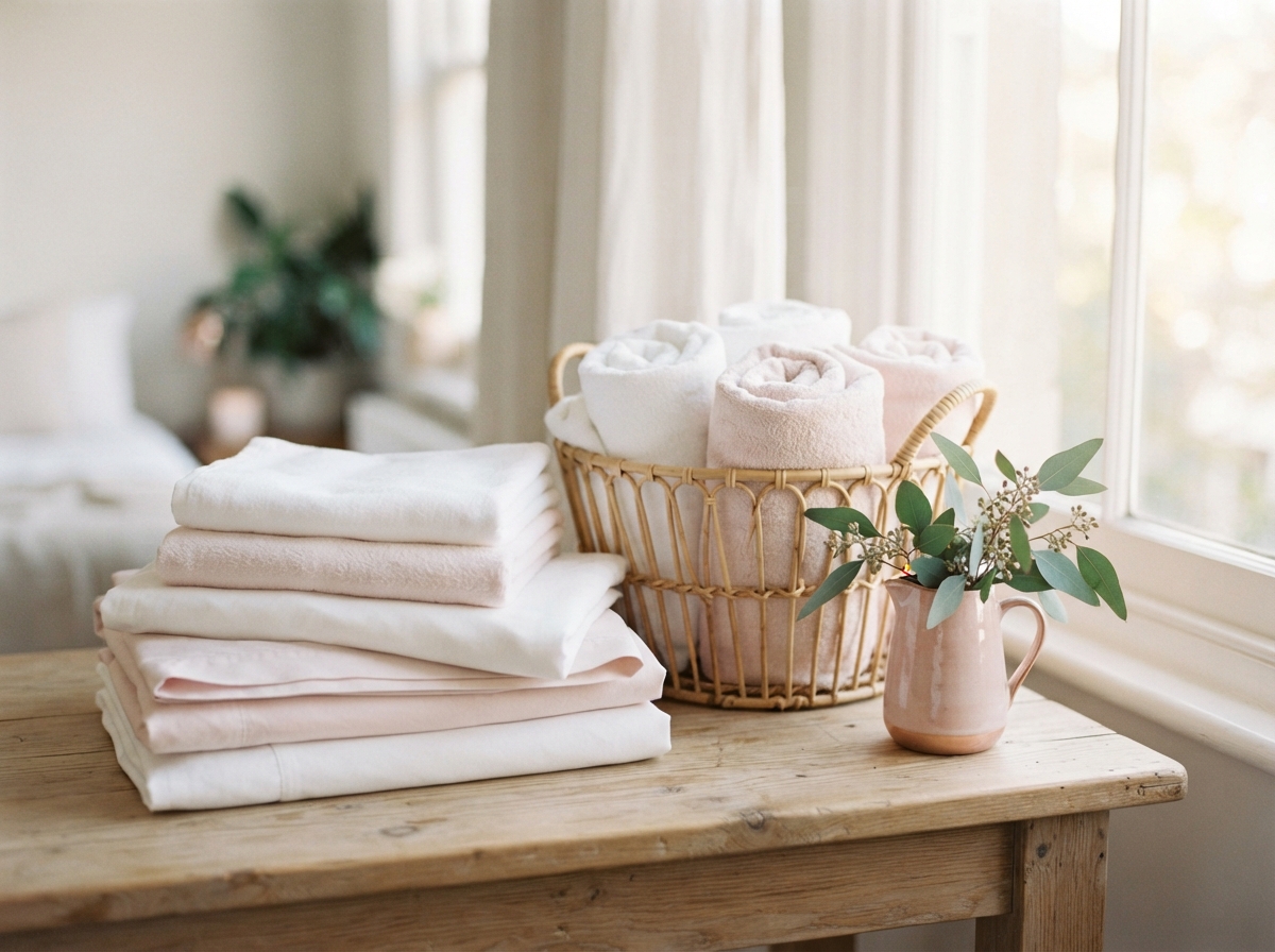 Folded white and pink linens, rolled towels in a wicker basket, and leafy stems on a wooden table by bright windows.