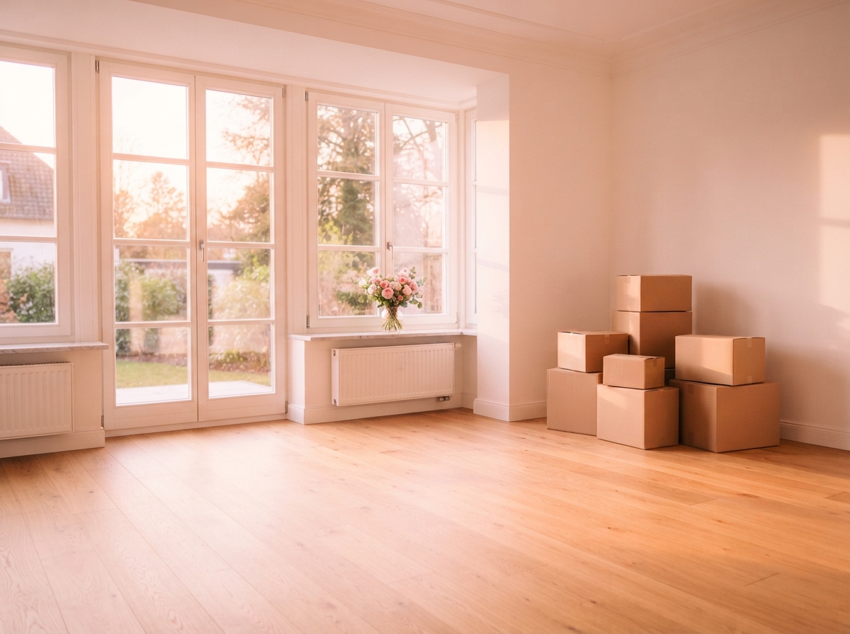 Bright empty room with wood floors, tall windows, a flower vase, radiators, and stacked moving boxes.