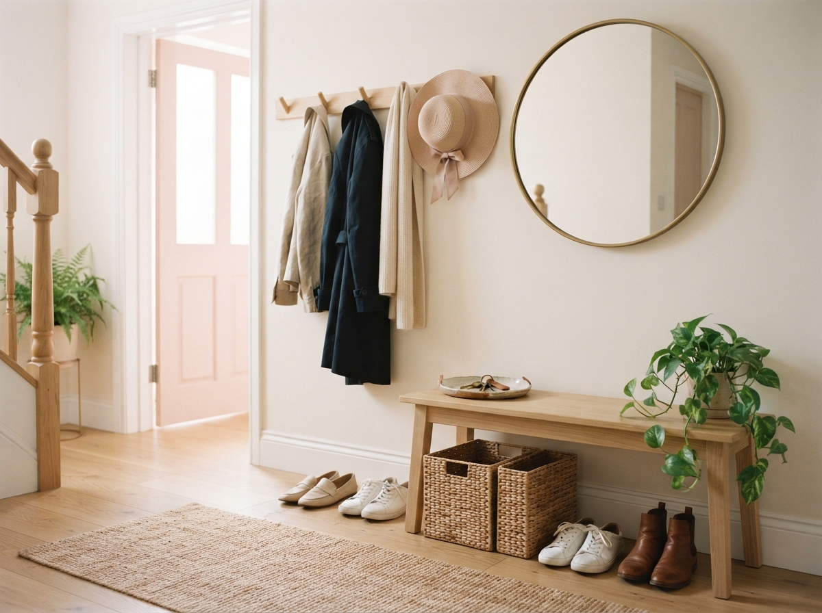 Warm neutral entryway with a coat rack, round mirror, console table, plants, baskets, shoes, and woven rug.